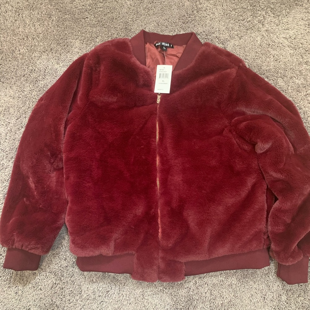 Burgundy faux fur bomber jacket